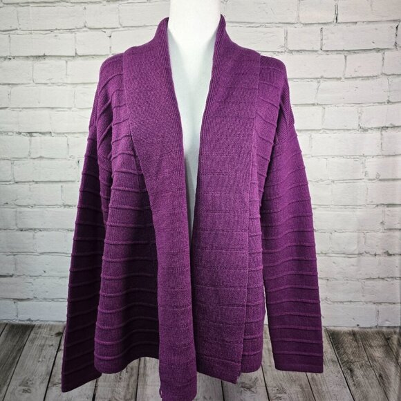WOMENS ROYAL ROBBINS PURPLE RIBBED CARDIGAN WATERFALL COLLAR EGGPLANT COLOR MED - Picture 3 of 8